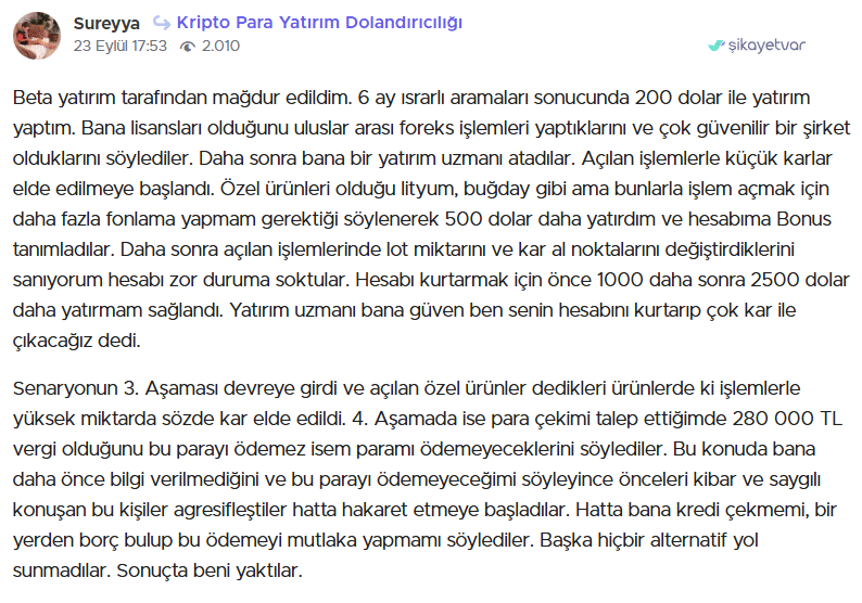 beta yatırım şikayet