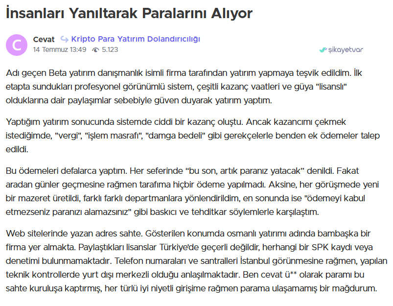 beta yatırım şikayet