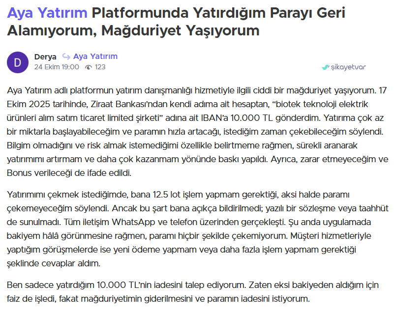 aya yatırım şikayet
