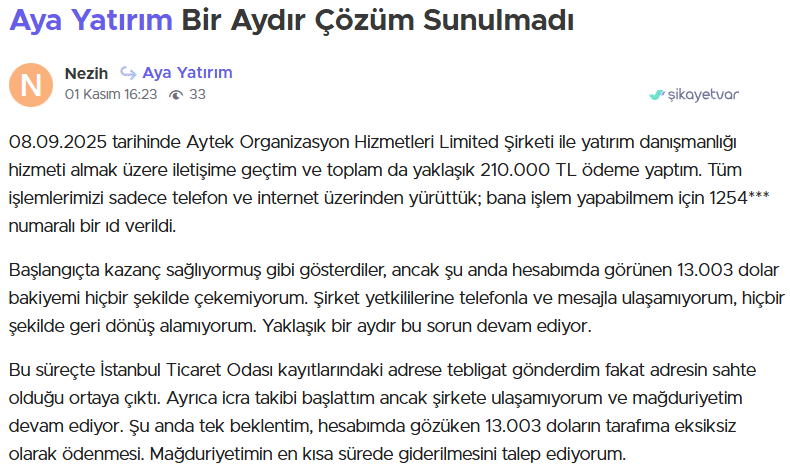 aya yatırım şikayet
