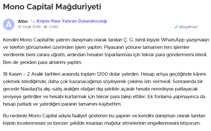 mono capital şikayet