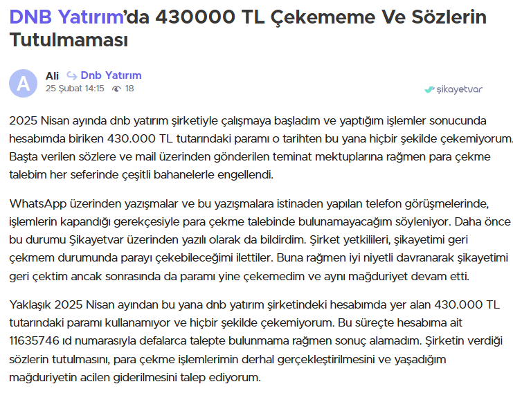 dnb yatırım şikayet