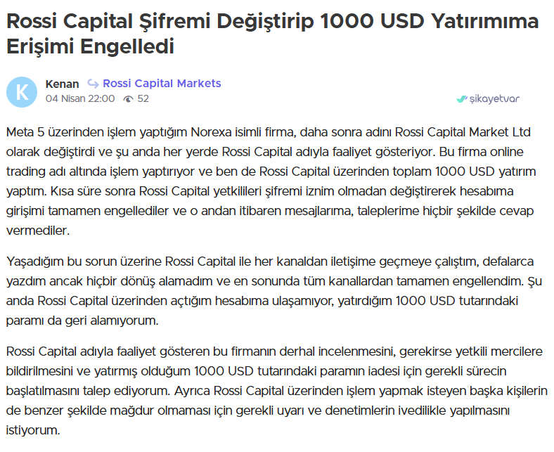 rossi capital markets şikayet