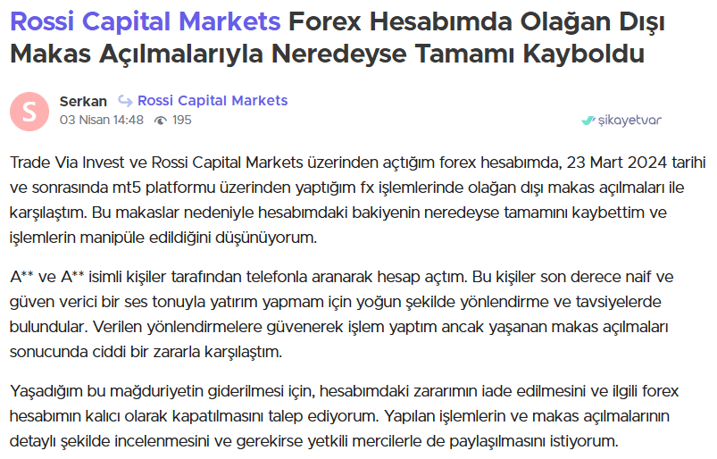 rossi capital markets şikayet