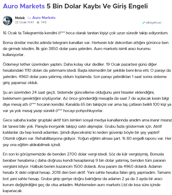 auro markets şikayet